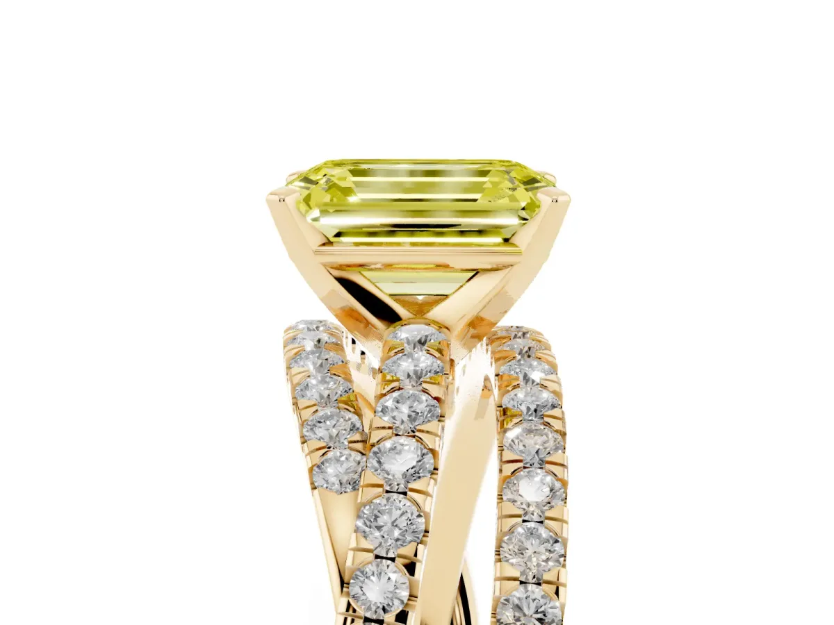 Fancy Yellow Emerald Cut Solitaire Twist Band with Pavé Setting and Four-Prong Setting Yellow gold