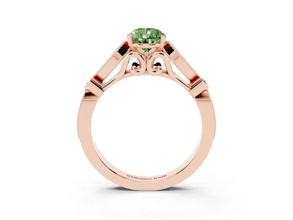 Fancy Green Pear Cut Cut Diamond with Milgrain Marquise and Bezel Accents on a Solitaire Band with Prong Setting Rose gold
