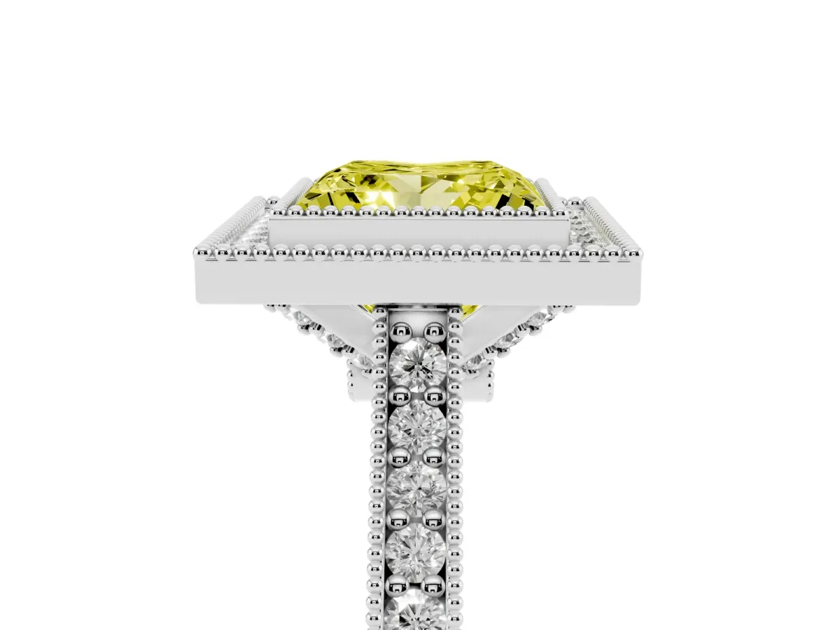 Fancy Yellow Halo Princess Cut-Cut Diamond Pave Band Milgrain Prong Setting Ring White gold