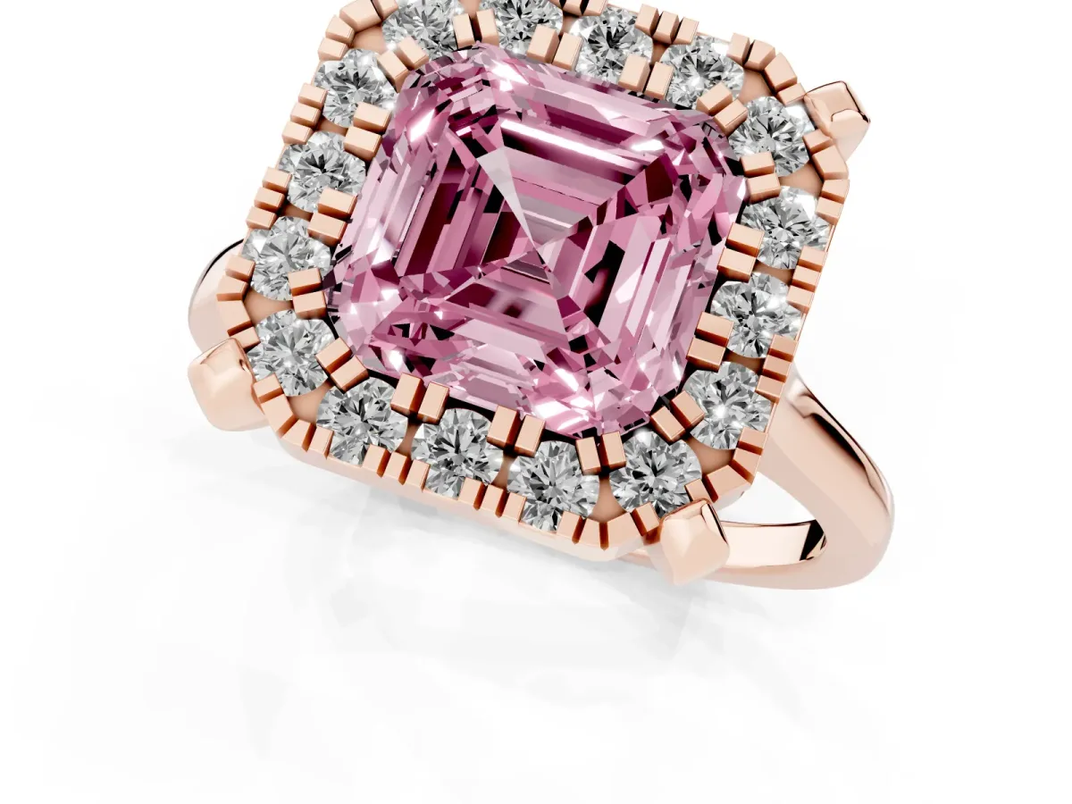 Fancy Pink Asscher Cut Diamond Cluster Halo Solitaire with Four-Prong Setting Rose gold