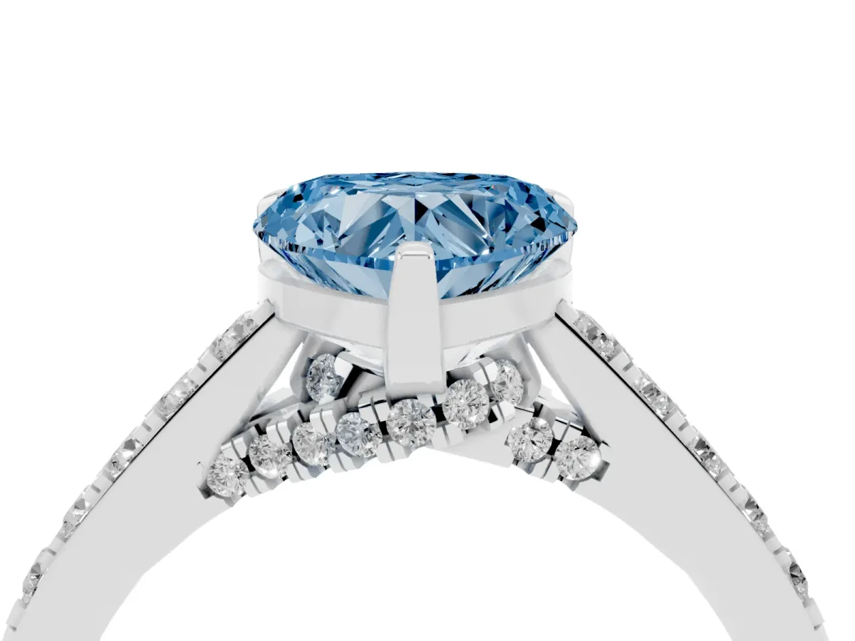 Fancy Blue Heart Cut Diamond Solitaire Ring with Crossover Gallery and Round Pavé Band Platinum
