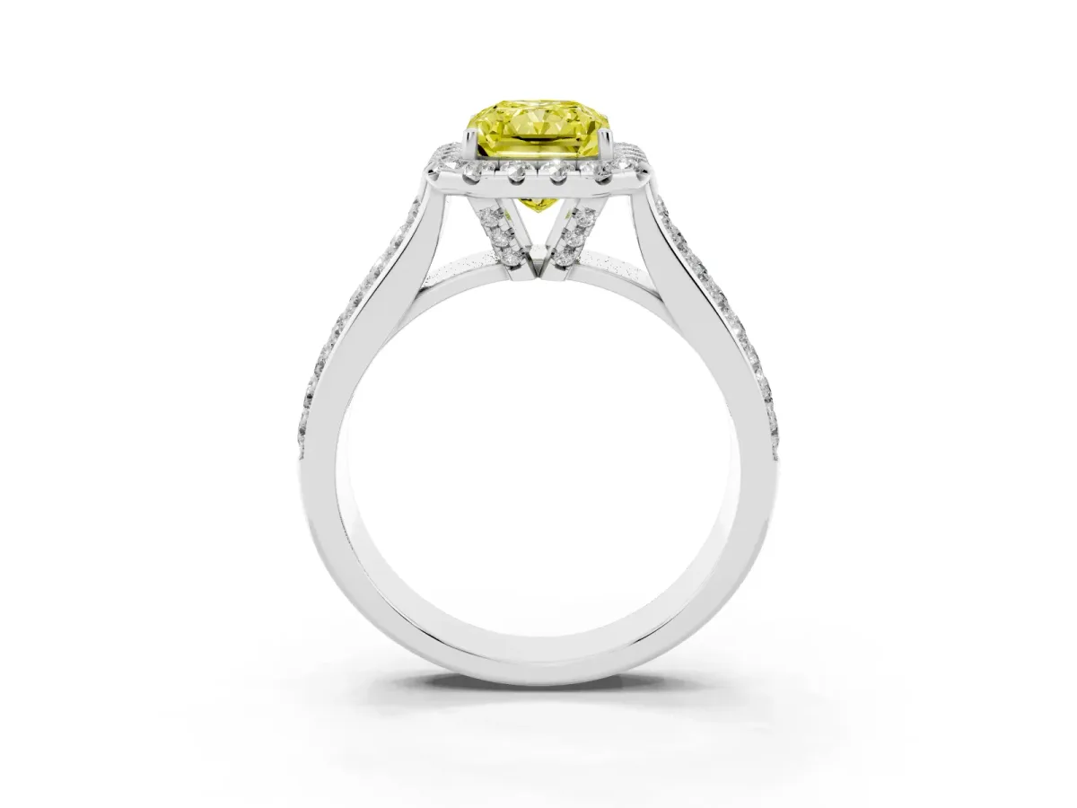 Fancy Yellow Radiant Cut Halo Round Diamond Pave Band with Prong Setting Silver