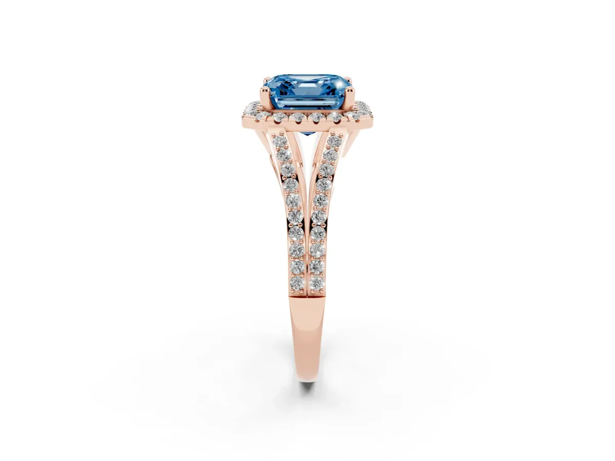 Fancy Blue Asscher Cut Halo Split Shank Diamond Ring with Prong Setting Rose gold