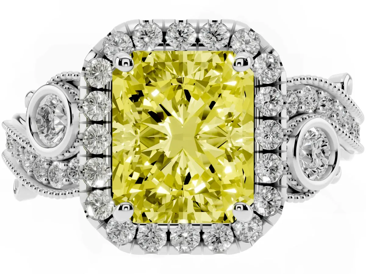 Fancy Yellow Radiant Cut Halo Diamond Ring with Milgrain and Bezel Accents on a Split Shank Band Silver