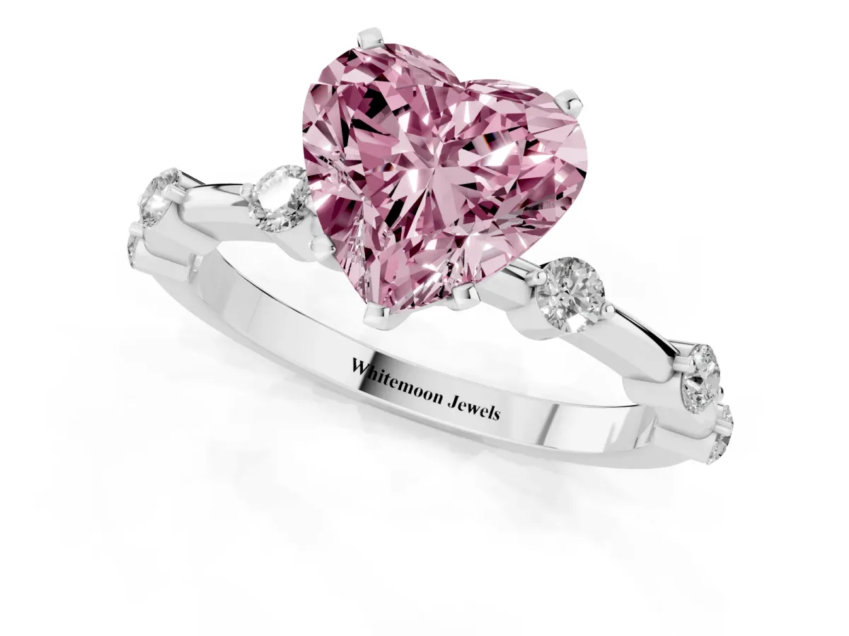 Fancy Pink Heart Cut Solitaire Diamond Ring with Bezel Set Side Stones and Prong Setting Silver