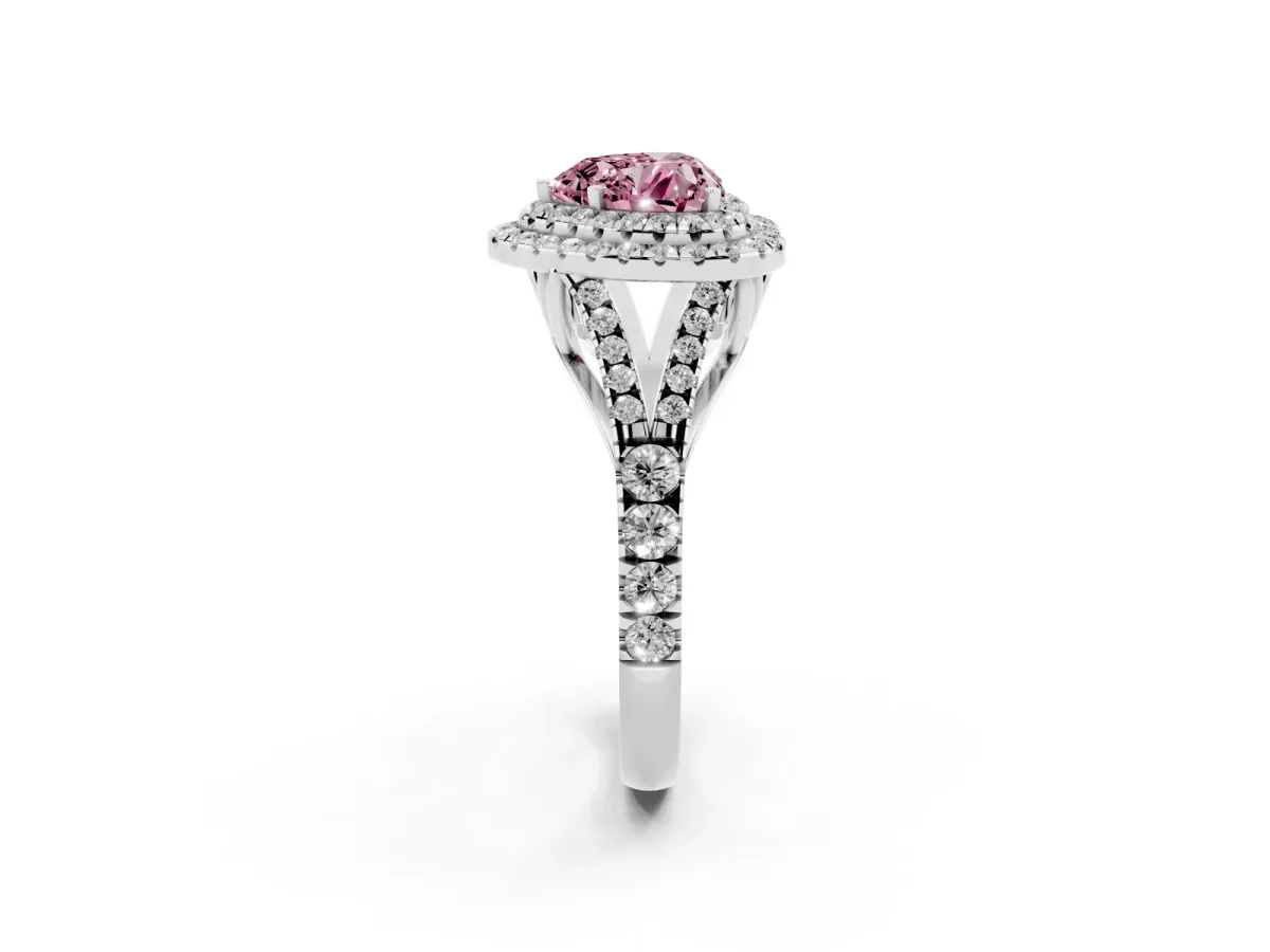 Fancy Pink Double Halo Heart Cut Diamond Split Shank Engagement Ring with Four-Prong Setting White gold