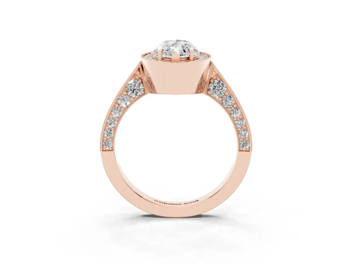 Marquise Cut Halo Diamond Engagement Ring with Split Shank Band and Four-Prong Setting Rose gold