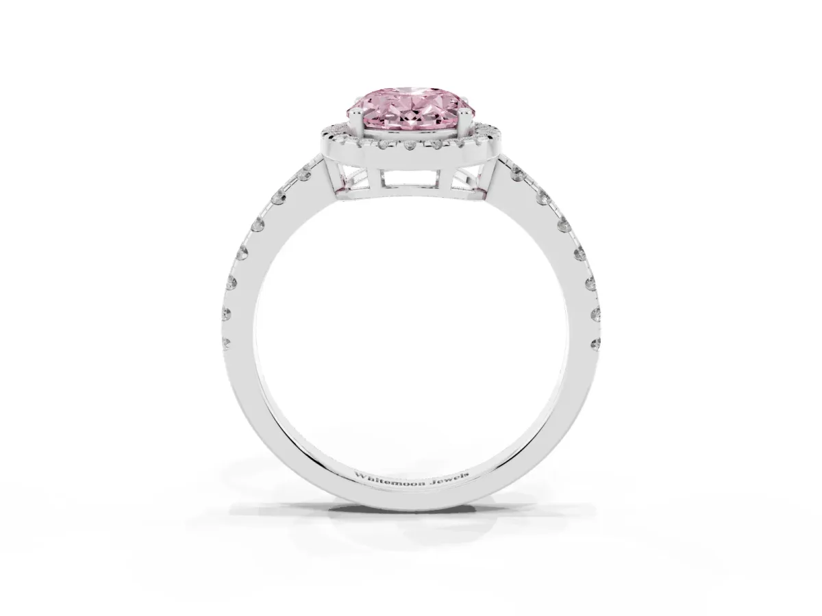 Fancy Pink Oval Cut Diamond Halo Ring with Pavé Band and Four-Prong Setting Platinum