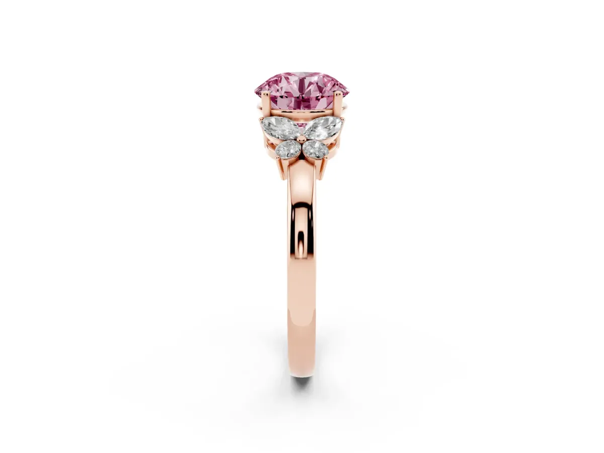 Fancy Pink Round Cut Cut Solitaire Floral Diamond Ring with Four-Prong Setting Rose gold