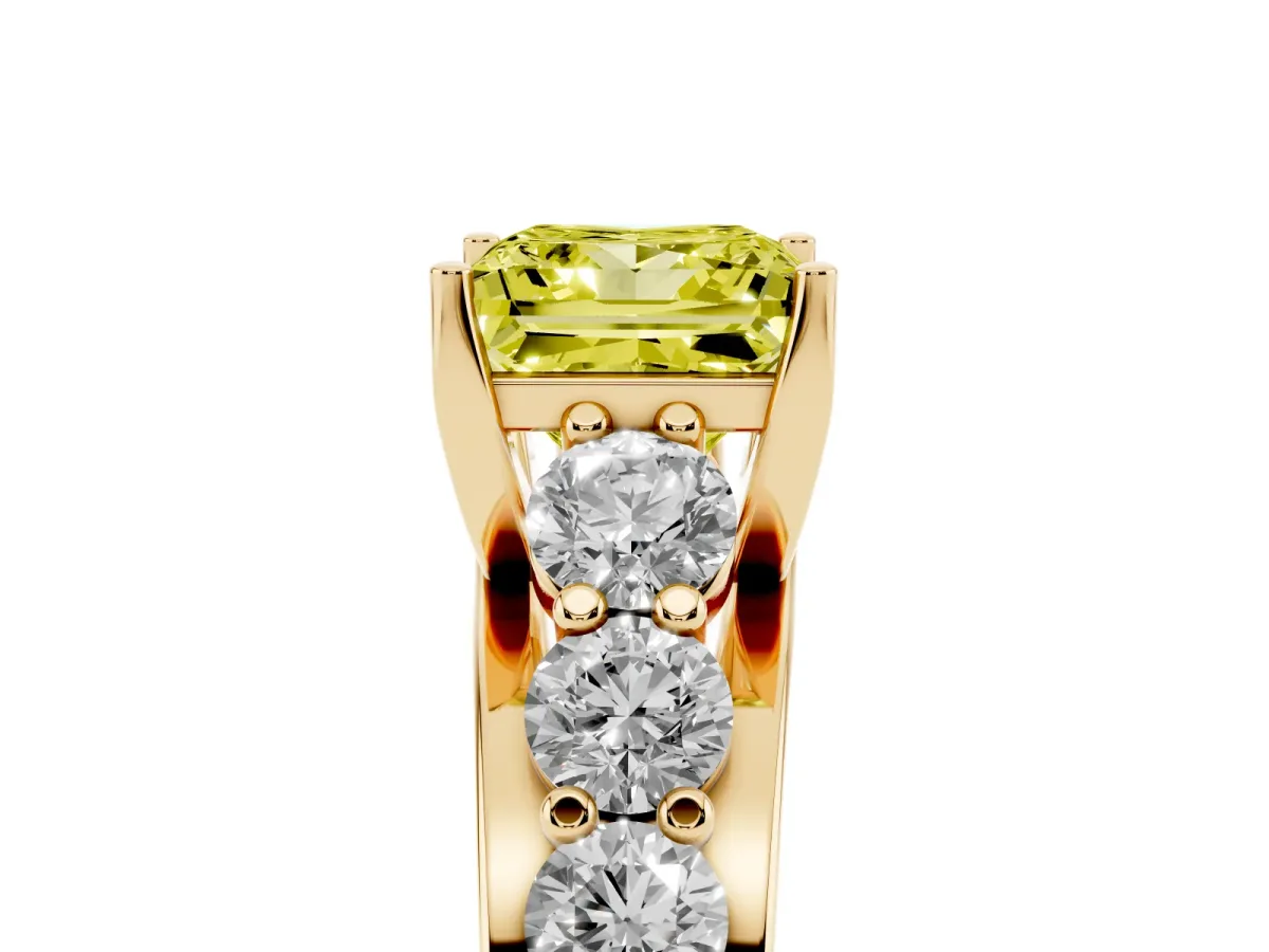 Fancy Yellow Princess Cut Diamond Engagement Ring with Pavé Band and Four-Prong Setting Yellow gold
