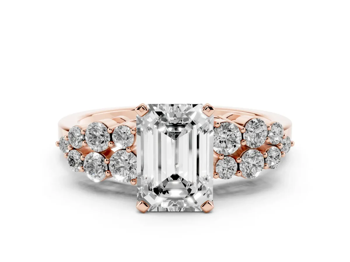Emerald Cut Cluster Diamond Engagement Ring with Pavé Band and Four-Prong Setting Rose gold