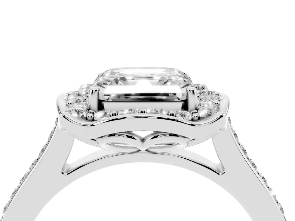 Asscher Cut Halo Round Diamond Pave Band with Four-Prong Setting Silver