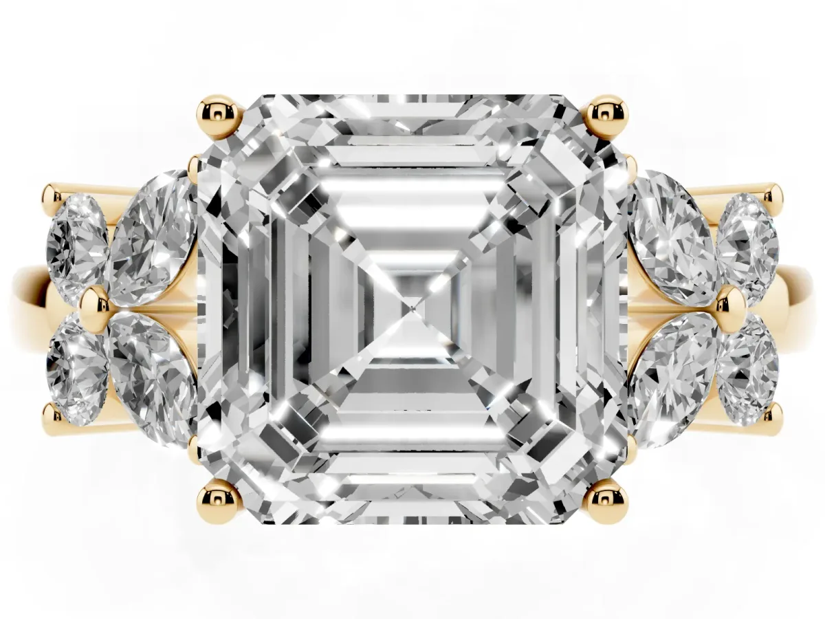 Asscher Cut Diamond Floral Cluster Ring with Solitaire Band and Prong Setting Yellow gold
