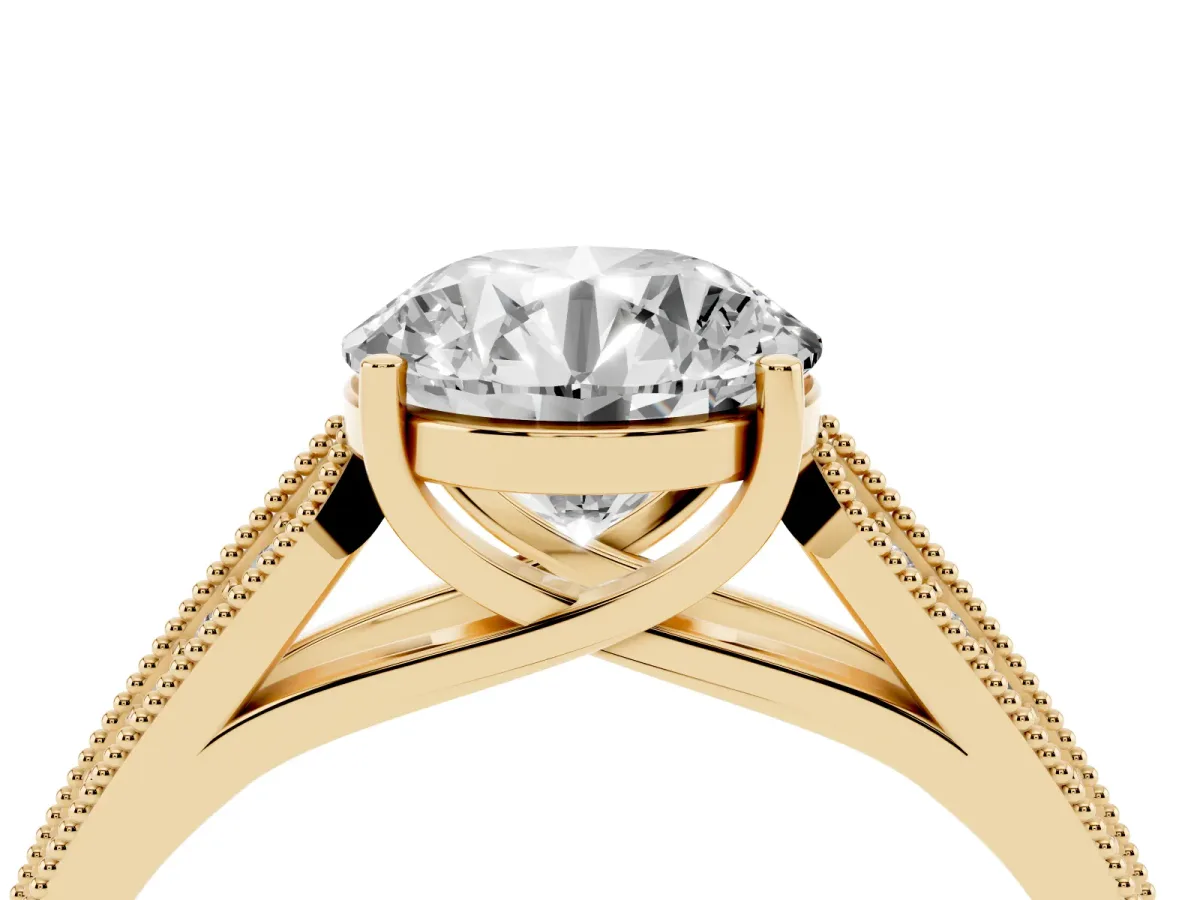 Round Cut Cut Pave Split Shank Engagement Ring with Four-Prong Setting Yellow gold