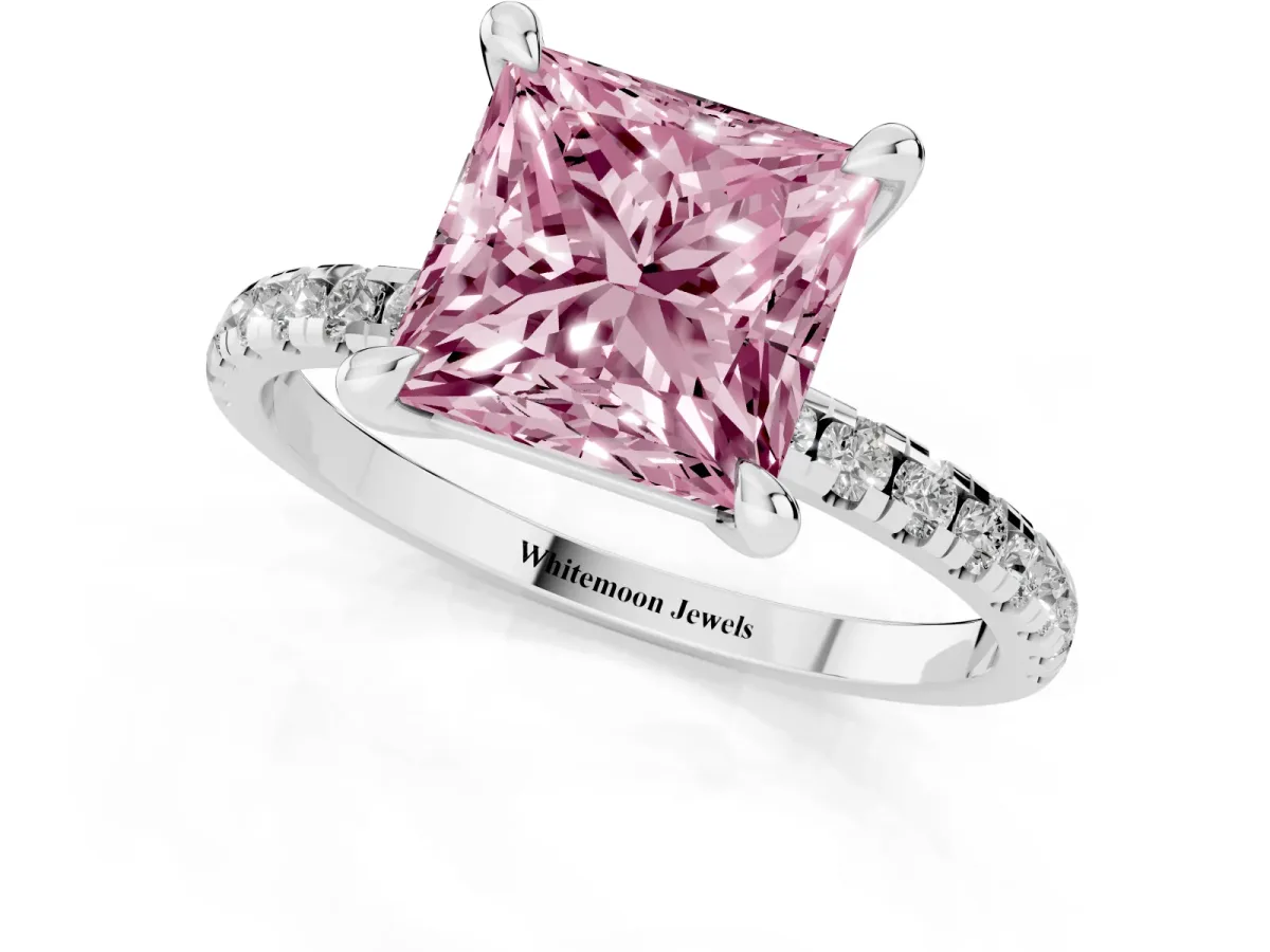 Fancy Pink Princess Cut Diamond Brilliant Solitaire Ring with Pavé Band and Four-Prong Setting Platinum