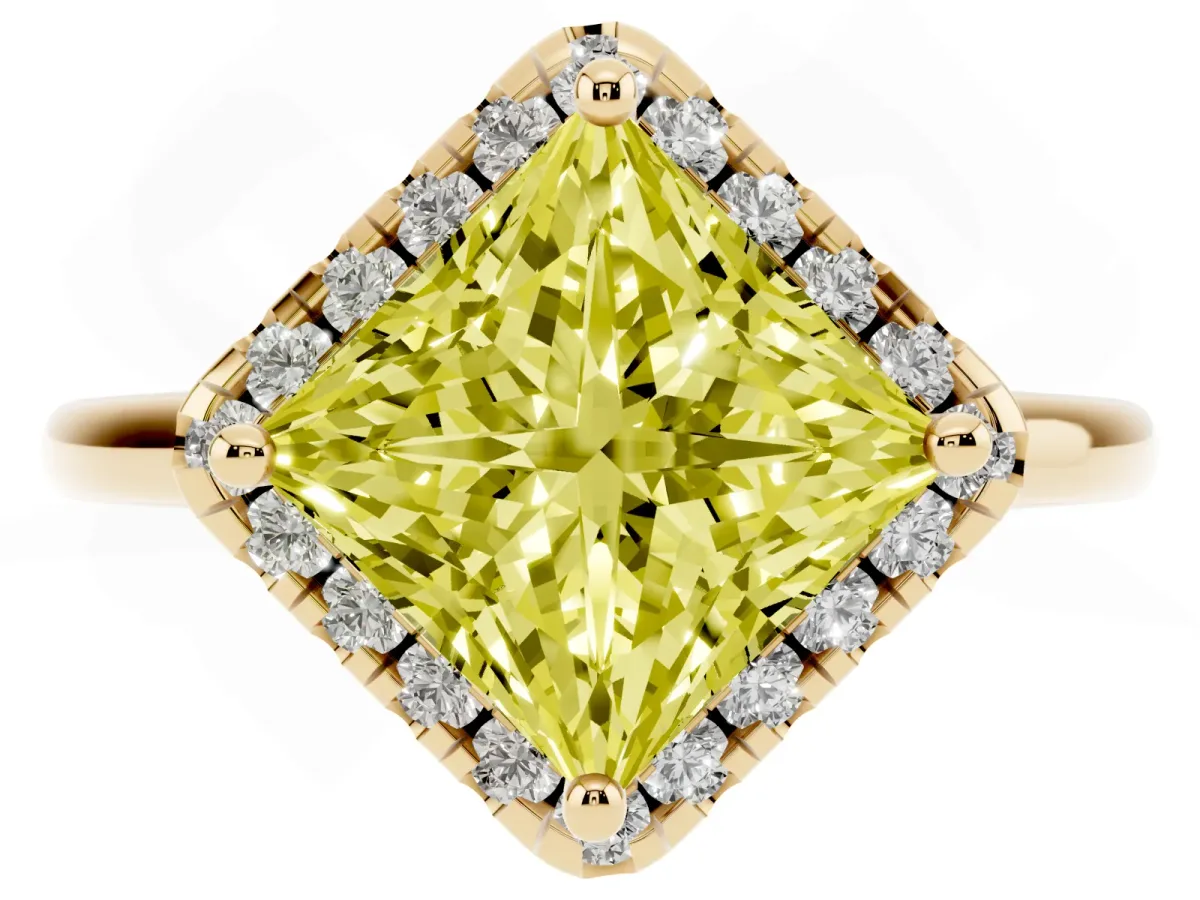 Fancy Yellow Princess Cut Halo Round Diamond Solitaire Engagement Ring with Pave Band and Four-Prong Setting Yellow gold