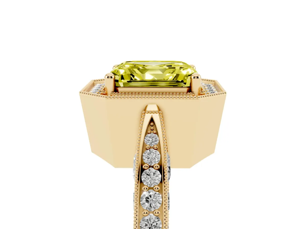 Fancy Yellow Asscher Cut Halo Diamond Engagement Ring with Split Shank Band and Four-Prong Setting Yellow gold
