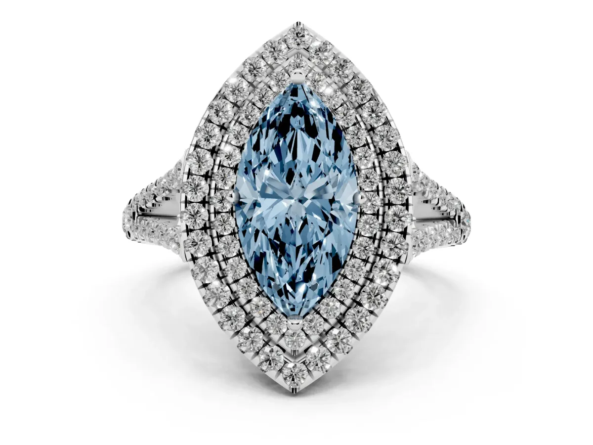 Fancy Blue Marquise Cut Diamond Double Halo Ring with Pavé Band and Prong Setting Silver