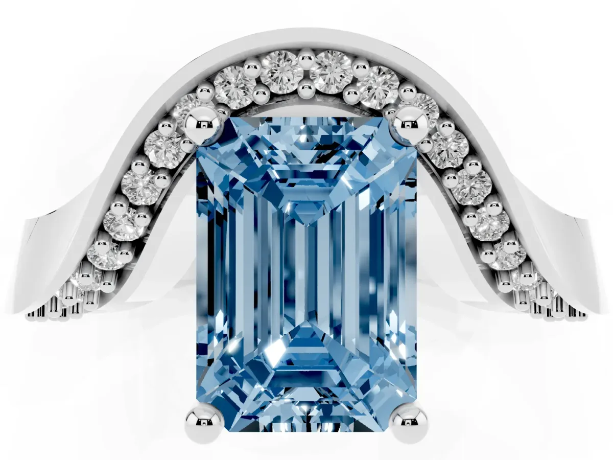 Fancy Blue Emerald Cut Solitaire Diamond Engagement Ring with Pave Band and Four-Prong Setting Silver