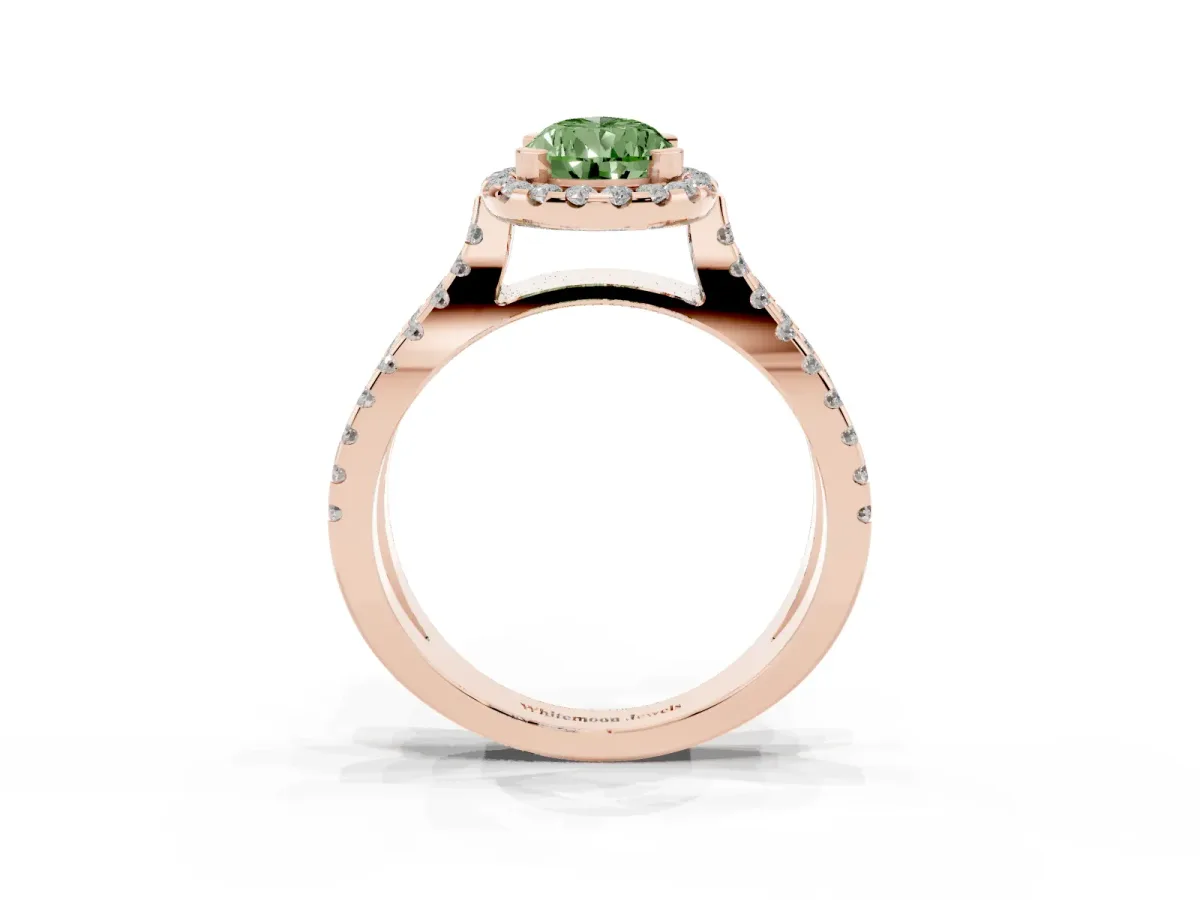 Fancy Green Pear Cut Diamond Halo Ring with Split Shank Pavé Band and Prong Setting Rose gold