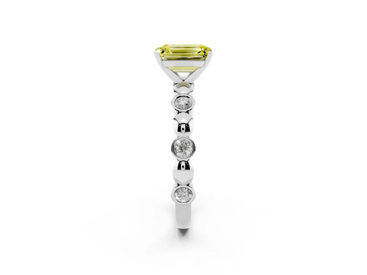 Fancy Yellow Emerald Cut Solitaire Bezel-Set Diamond Ring with Beaded Band and Four-Prong Setting Silver