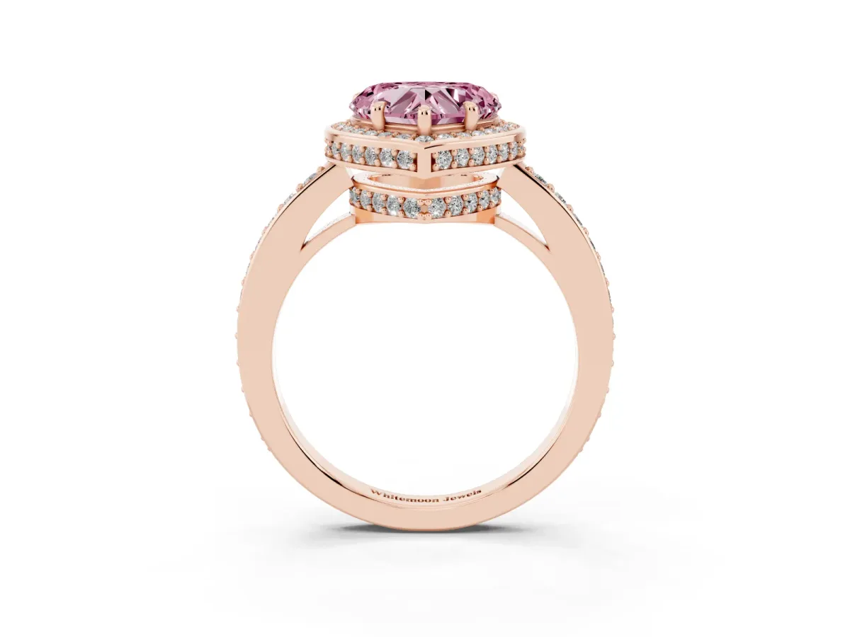 Fancy Pink Heart Cut Halo Pave Band Solitaire Ring with Prong Setting Rose gold