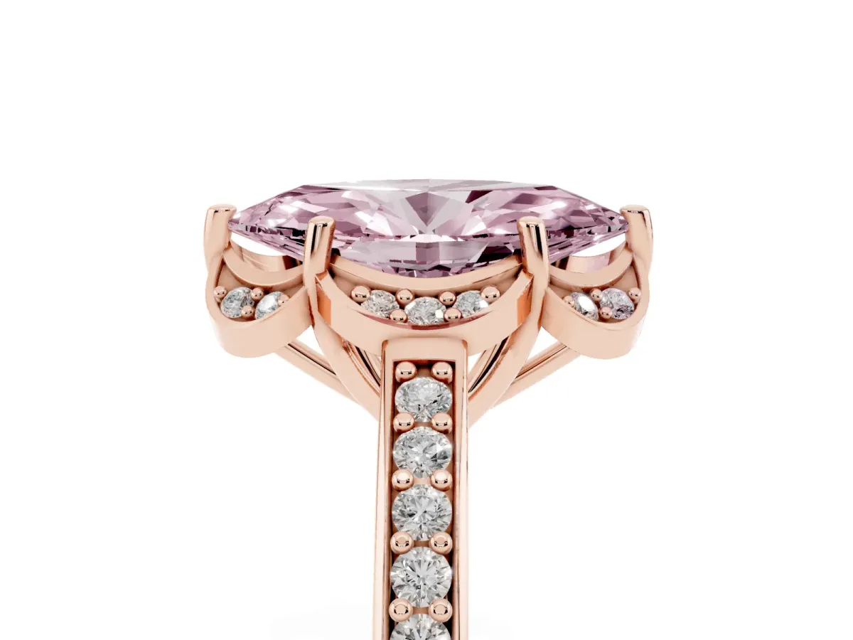 Fancy Pink Marquise Cut Cut Halo Diamond Ring with Channel Set Band and Four-Prong Setting Rose gold