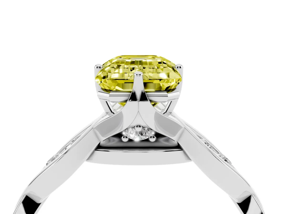 Fancy Yellow Emerald Cut Solitaire Twist Band with Leaf Prong Setting Platinum