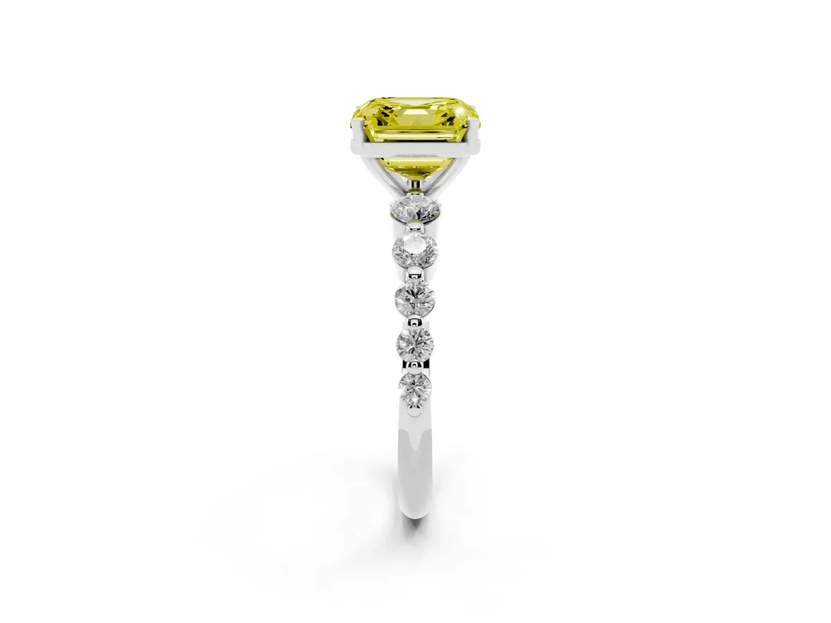 Fancy Yellow Asscher Cut Solitaire Diamond Ring with Pave Band and Four-Prong Setting Silver