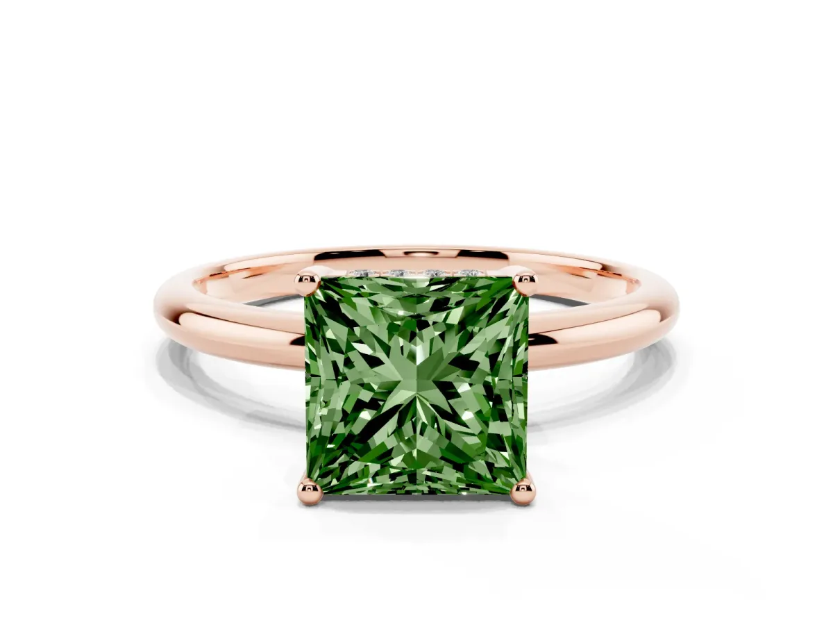 Fancy Green Princess Cut Cut Solitaire Engagement Ring with Four-Prong Setting and Classic Band Rose gold