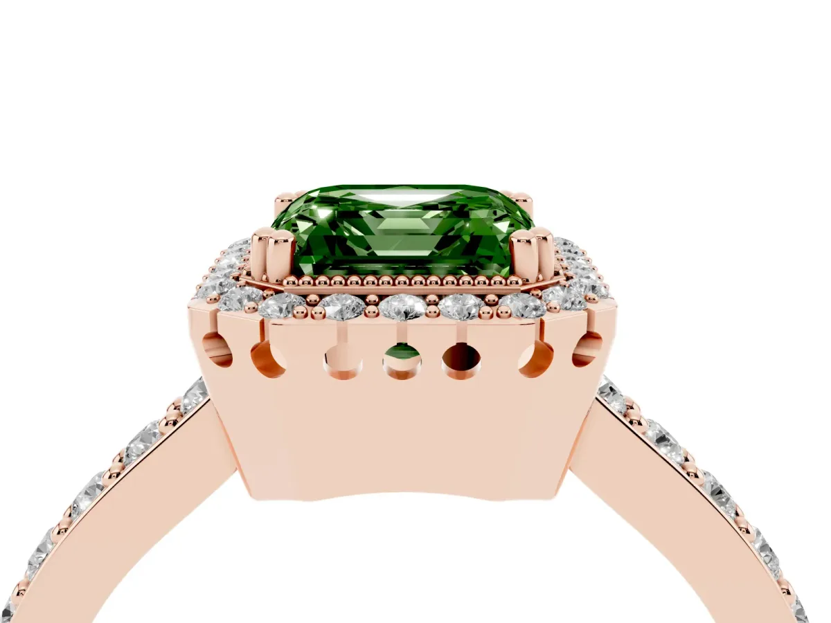 Fancy Green Asscher Cut Cut Diamond Halo Engagement Ring with Milgrain Detail and Pavé Band Rose gold