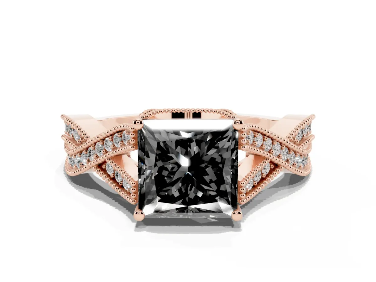 Fancy Black Princess Cut Cut Diamond Twisted Band with Milgrain Pave Setting and Four-Prong Setting Rose gold