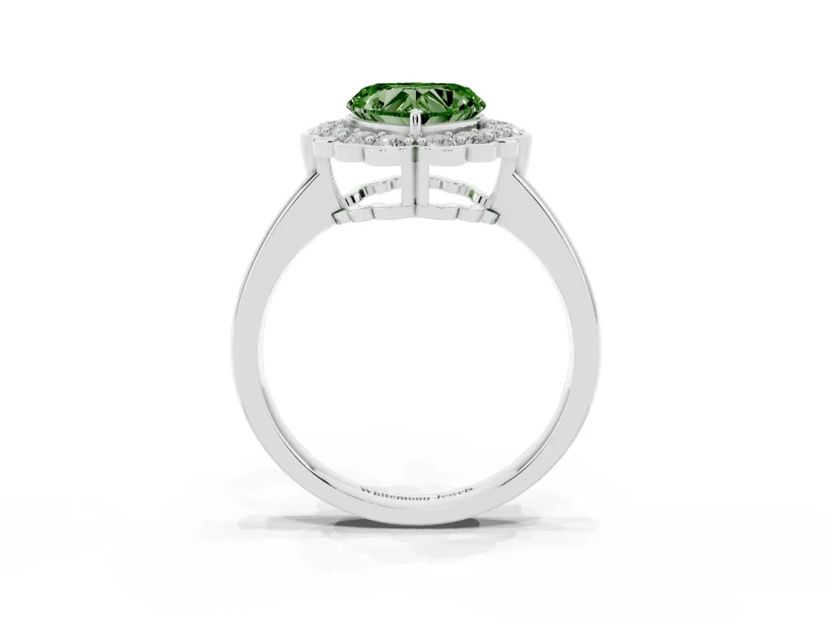Fancy Green Heart Cut Halo Cluster Diamond Engagement Ring with Solitaire Band and Prong Setting Silver