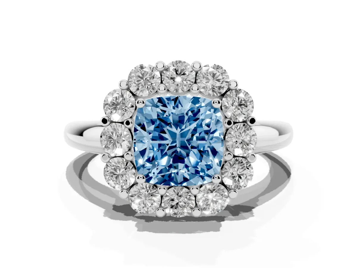 Fancy Blue Cushion Cut Halo Cluster Diamond Engagement Ring with Prong Setting and Polished Band Silver