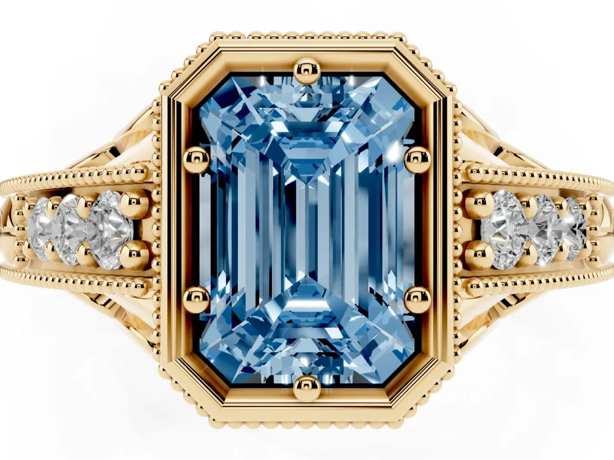 Fancy Blue Bezel Set Emerald Cut Diamond Milgrain Pave Engagement Ring Yellow gold