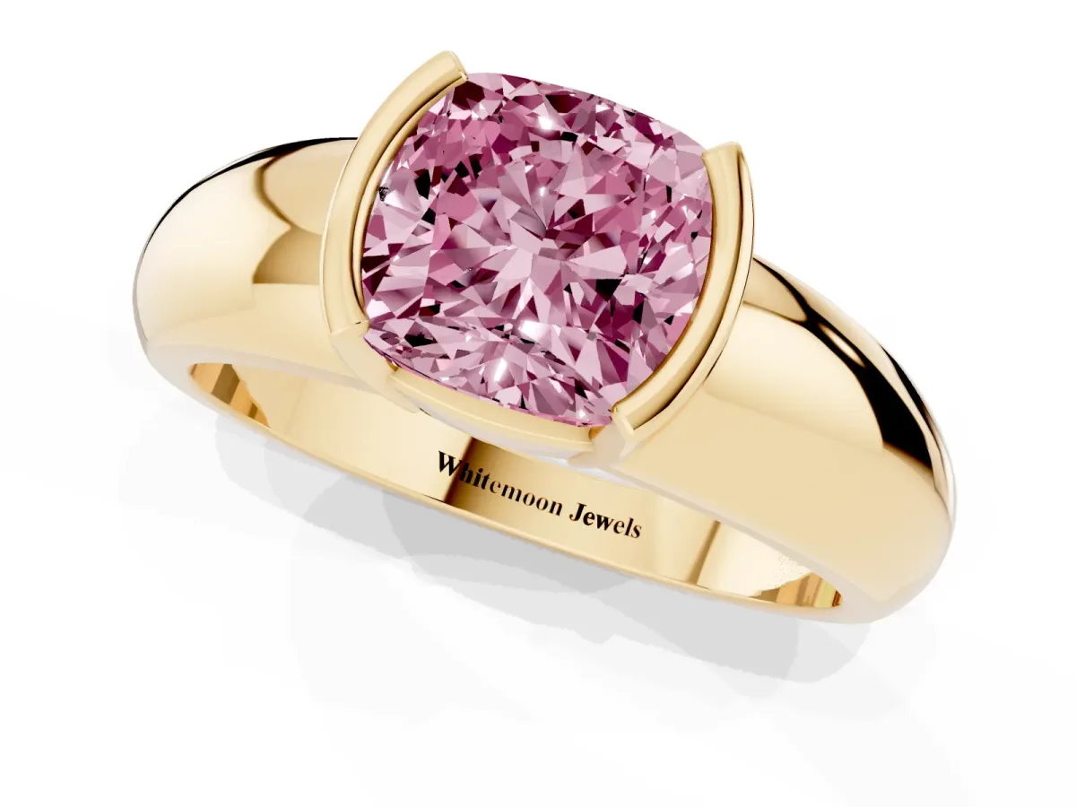 Fancy Pink Cushion Cut Solitaire Tension Set Diamond Ring with Wide Band Yellow gold