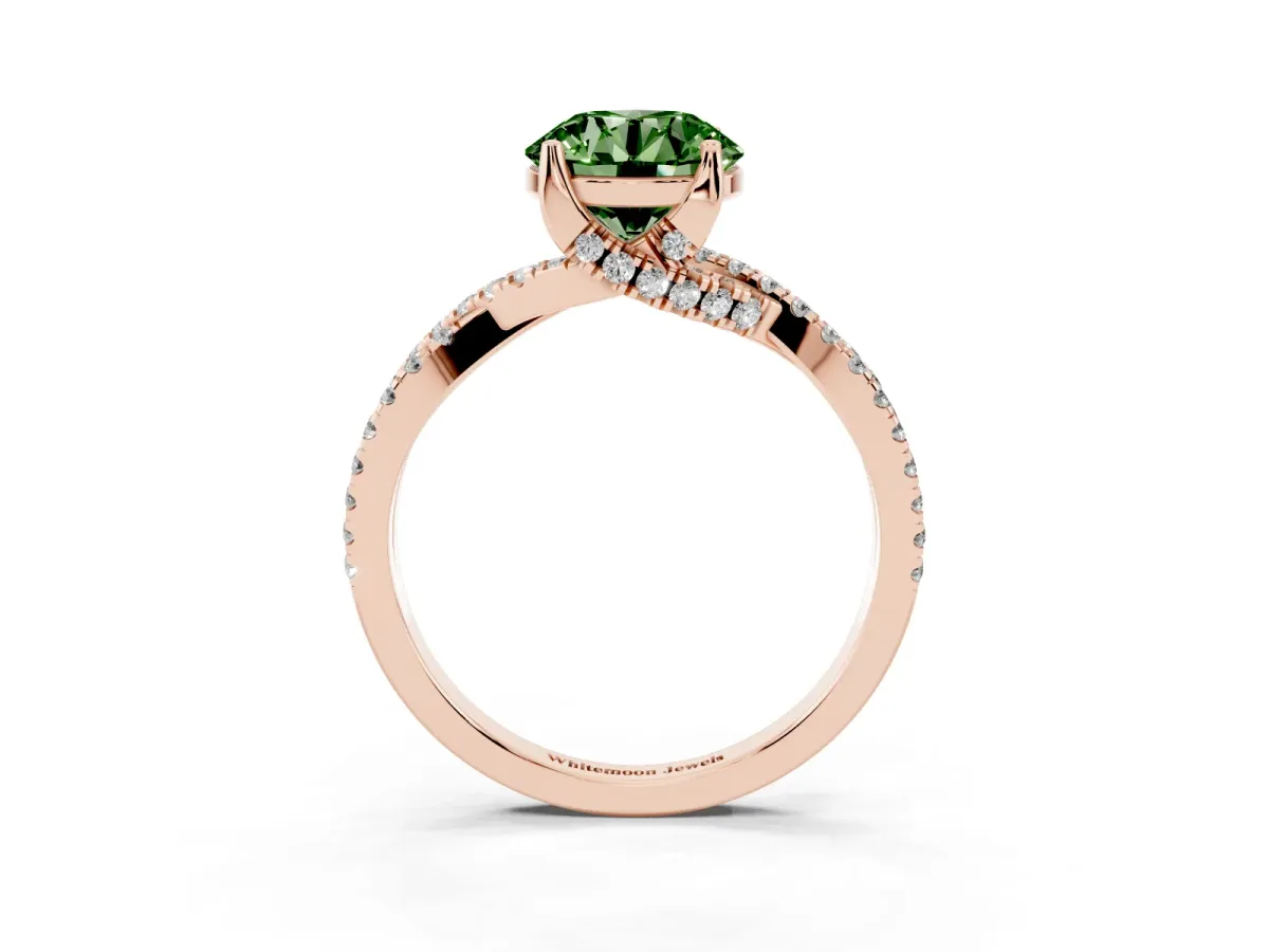 Fancy Green Round Cut Solitaire Twist Pave Diamond Engagement Ring with Prong Setting Rose gold