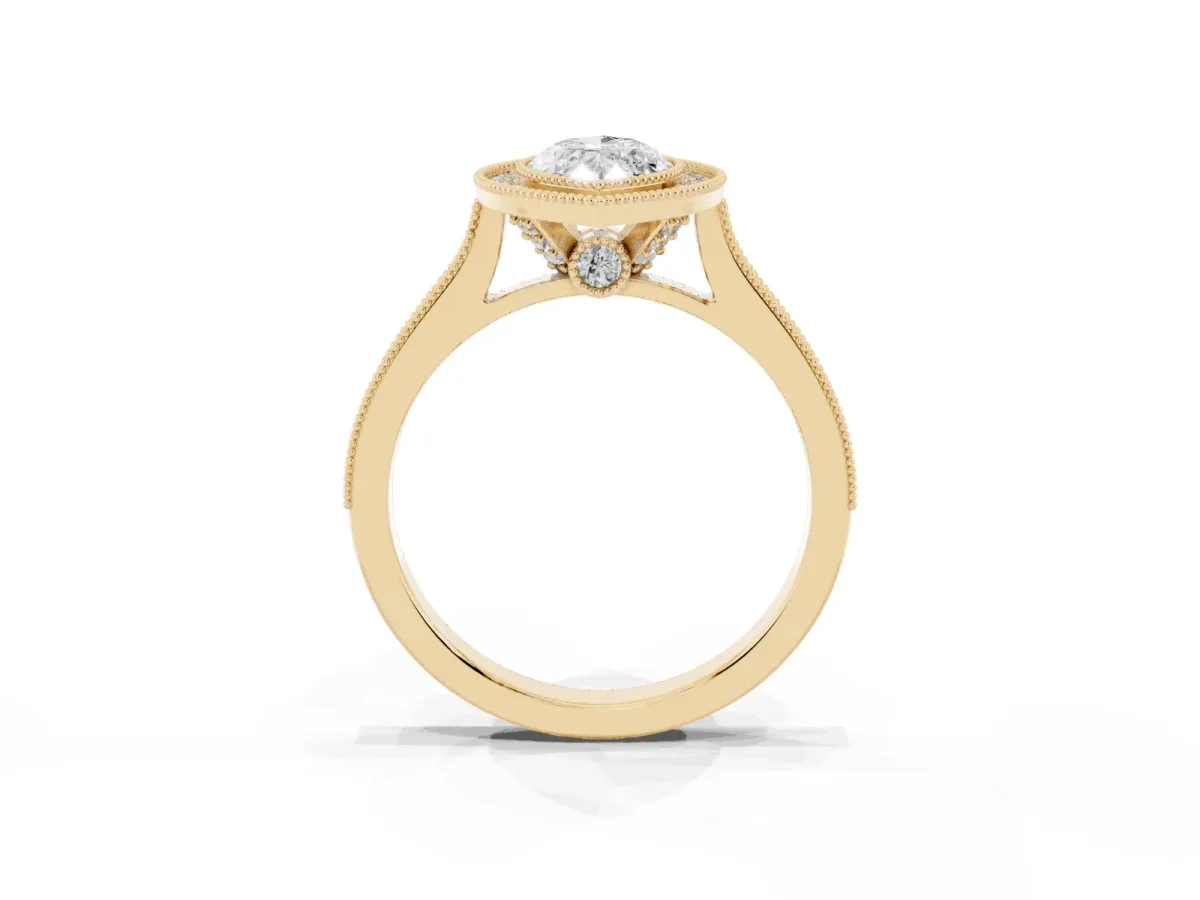 Halo Marquise Cut-Cut Diamond Pave Band Milgrain Prong Setting Ring Yellow gold
