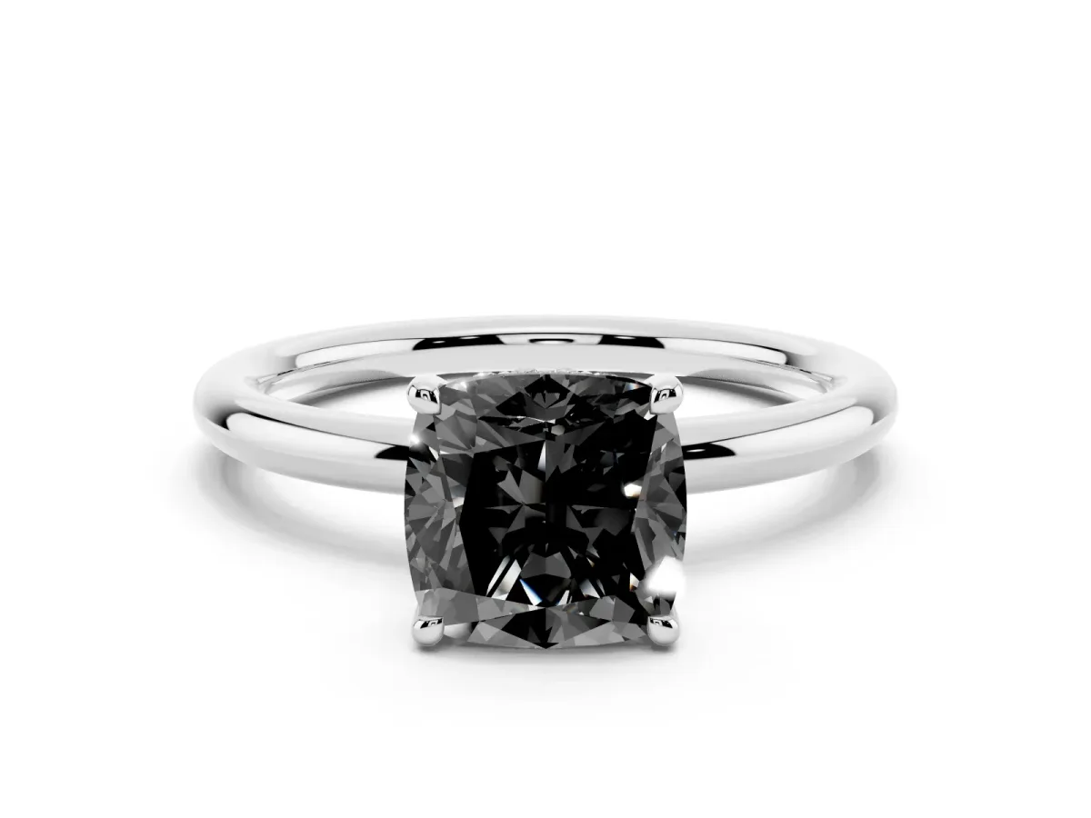 Fancy Black Cushion Cut Diamond Solitaire Ring with Thin Band and Four-Prong Setting Platinum