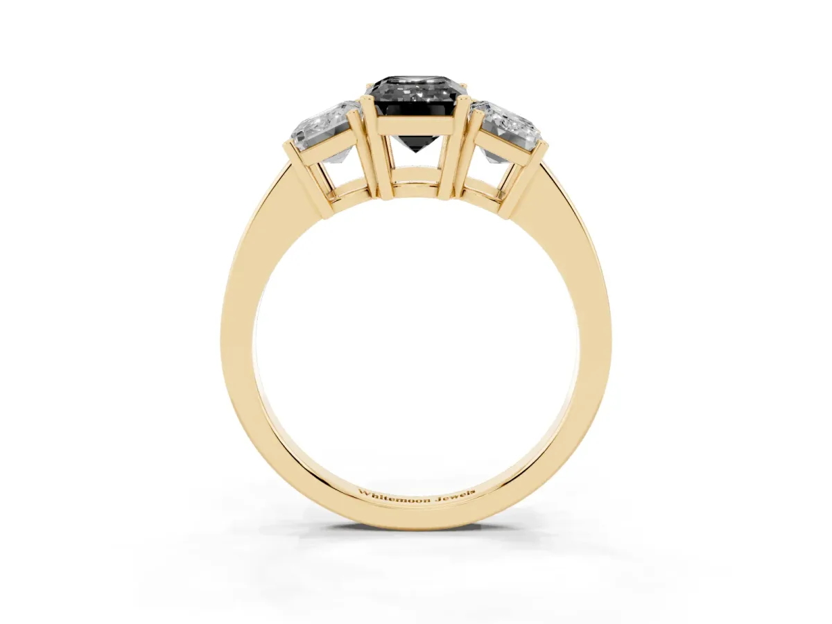 Fancy Black Three-Stone Emerald Cut Cut Diamond Engagement Ring with Flat Band and Four-Prong Setting Yellow gold