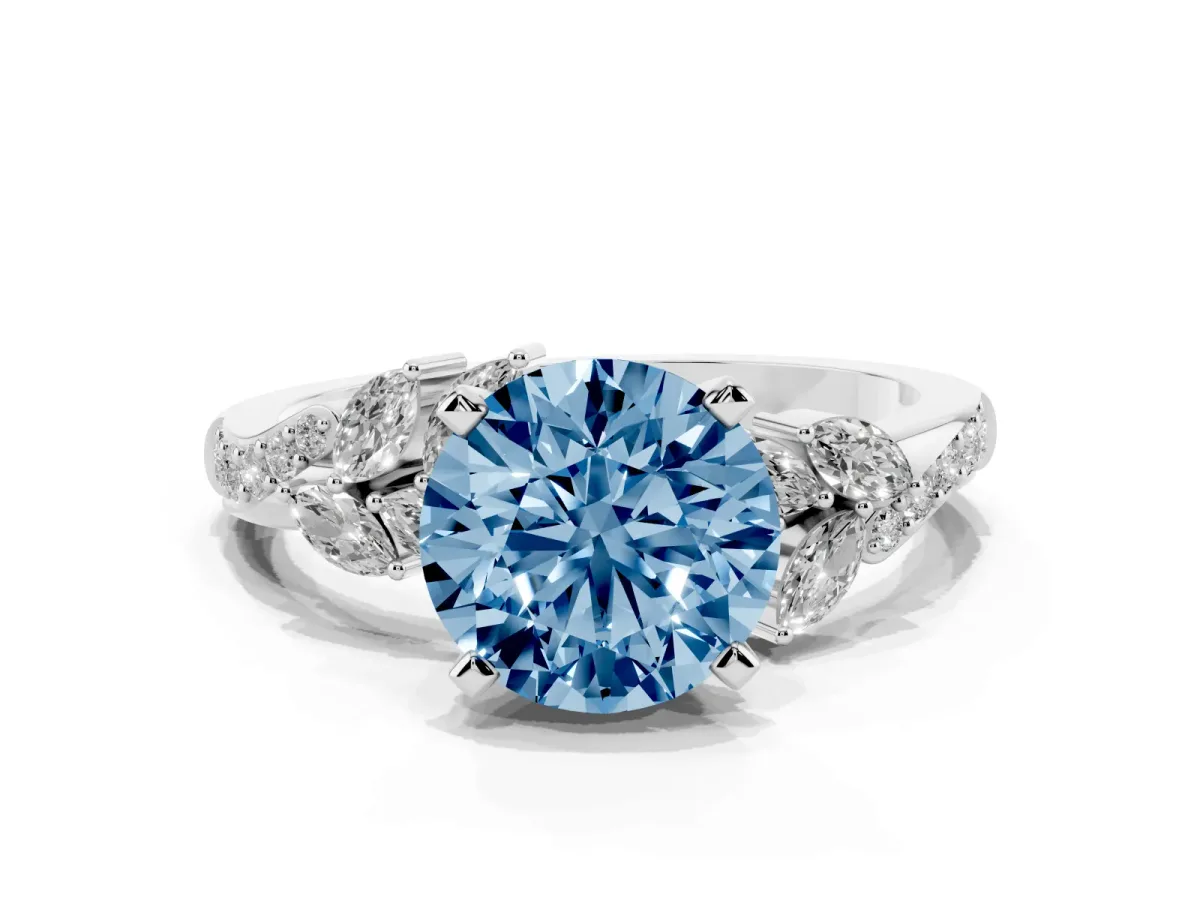 Fancy Blue Round Cut Solitaire Marquise Twist Band with Six-Prong Setting Silver