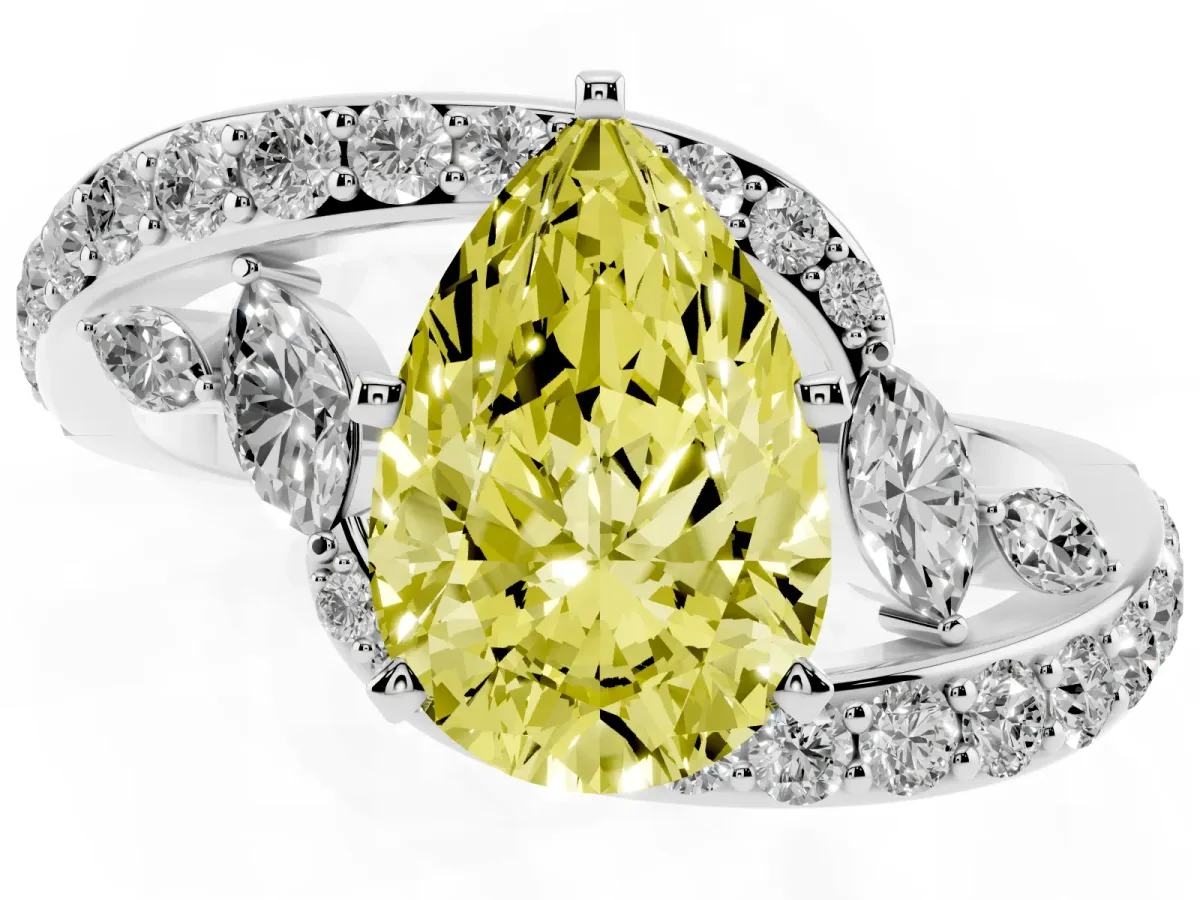 Fancy Yellow Pear Cut Solitaire with Pavé Twist Band and Four-Prong Setting Silver