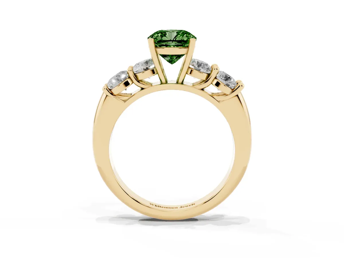 Fancy Green Cushion Cut Cut Five-Stone Prong Set Diamond Ring with Classic Band Yellow gold