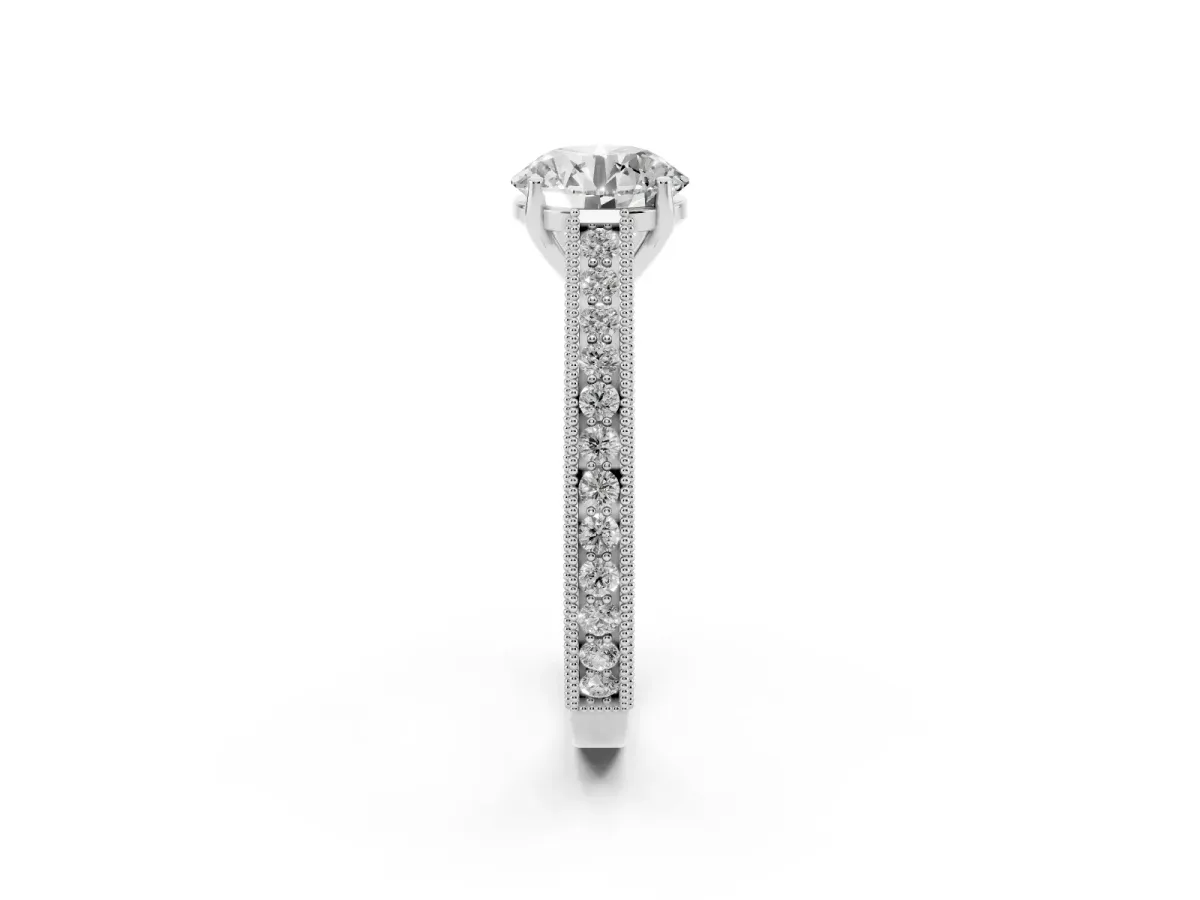 Round Cut Cut Pave Band Milgrain Solitaire Ring White gold
