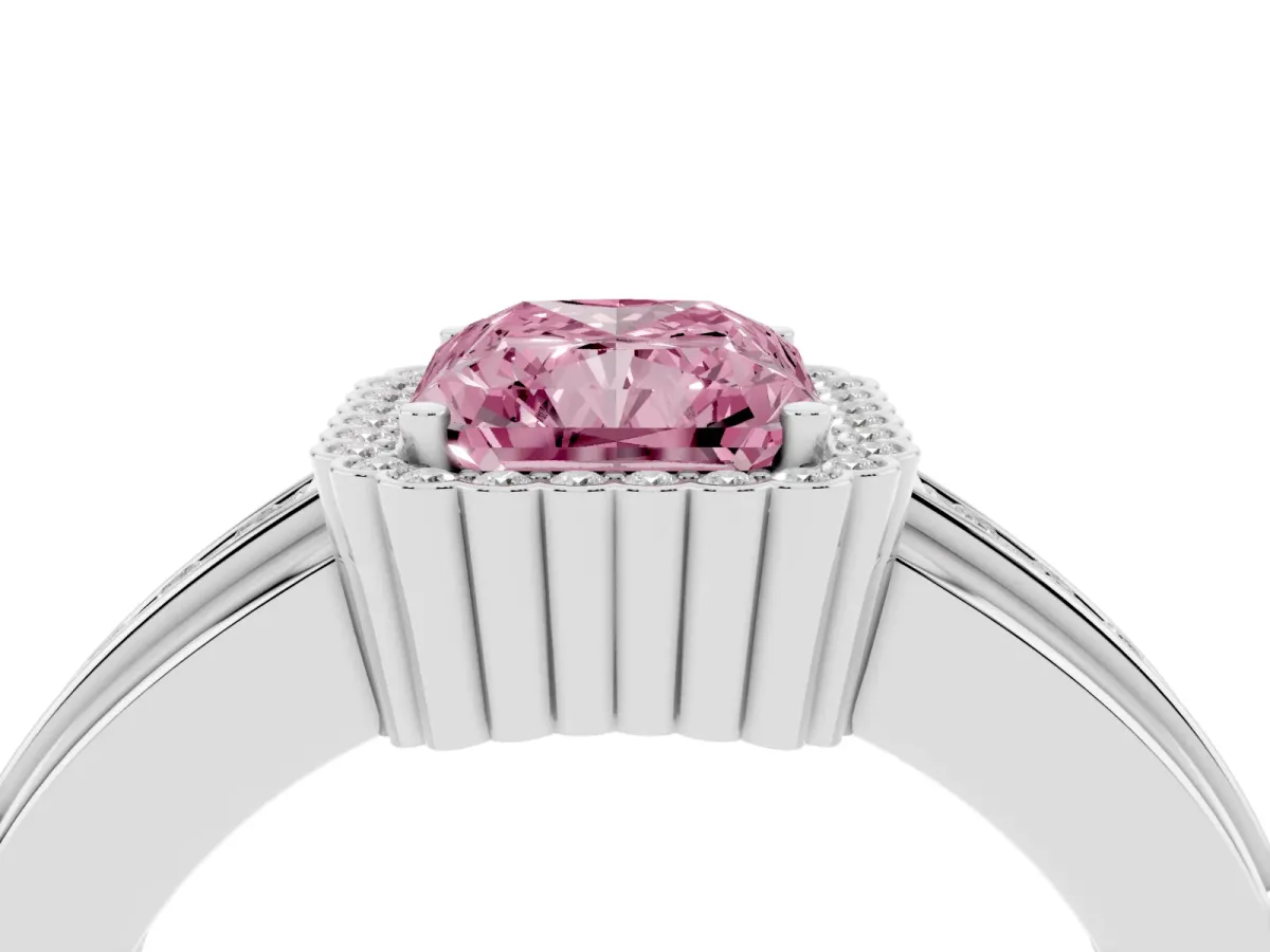Fancy Pink Radiant Cut Cut Halo Pave Band Four-Prong Ring Silver