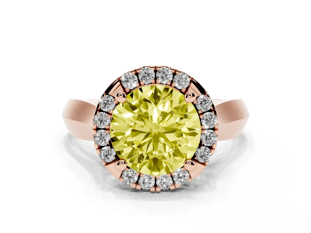 Fancy Yellow Round Cut Cut Halo Solitaire Engagement Ring with Square Band and Four-Prong Setting Rose gold