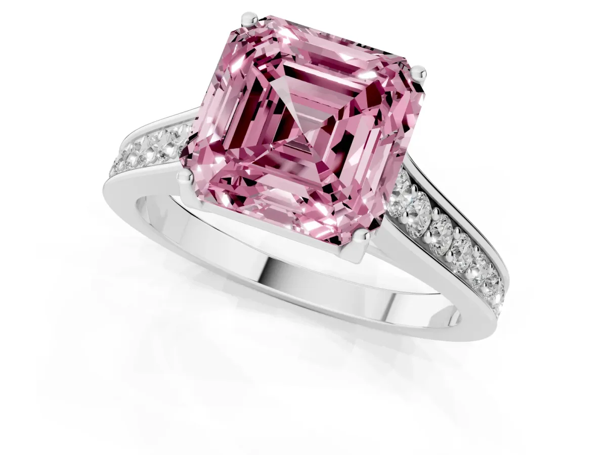 Fancy Pink Asscher Cut Brilliant Cut Diamond Engagement Ring with Pavé Band and Four-Prong Setting Silver