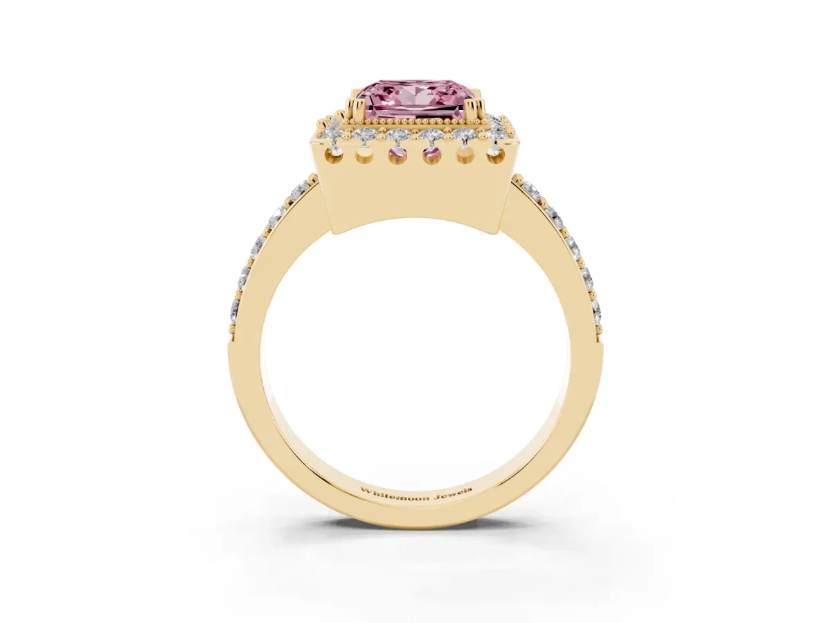 Fancy Pink Princess Cut Diamond Halo Ring with Pavé Band and Prong Setting Yellow gold