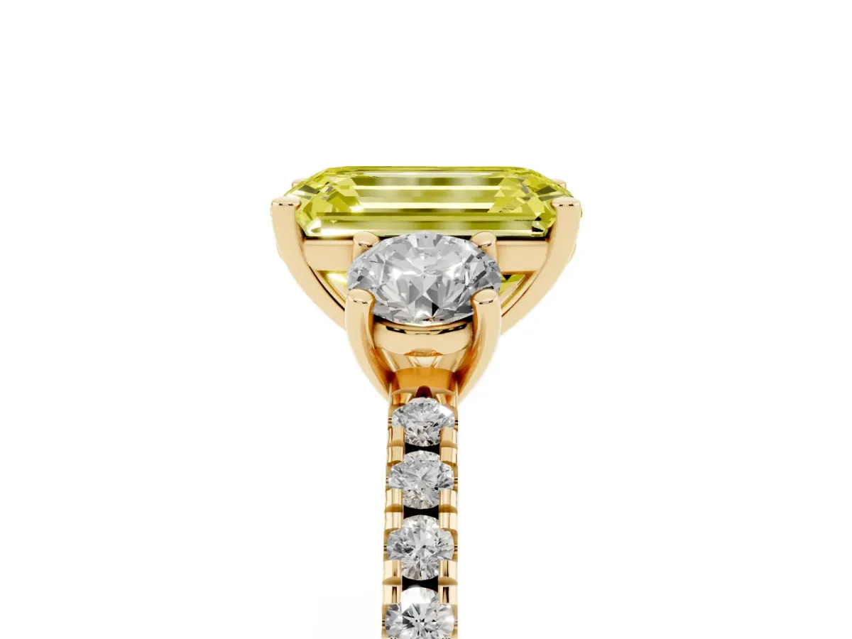 Fancy Yellow Three-Stone Emerald Cut Cut Diamond Pavé Band with Prong Setting Yellow gold