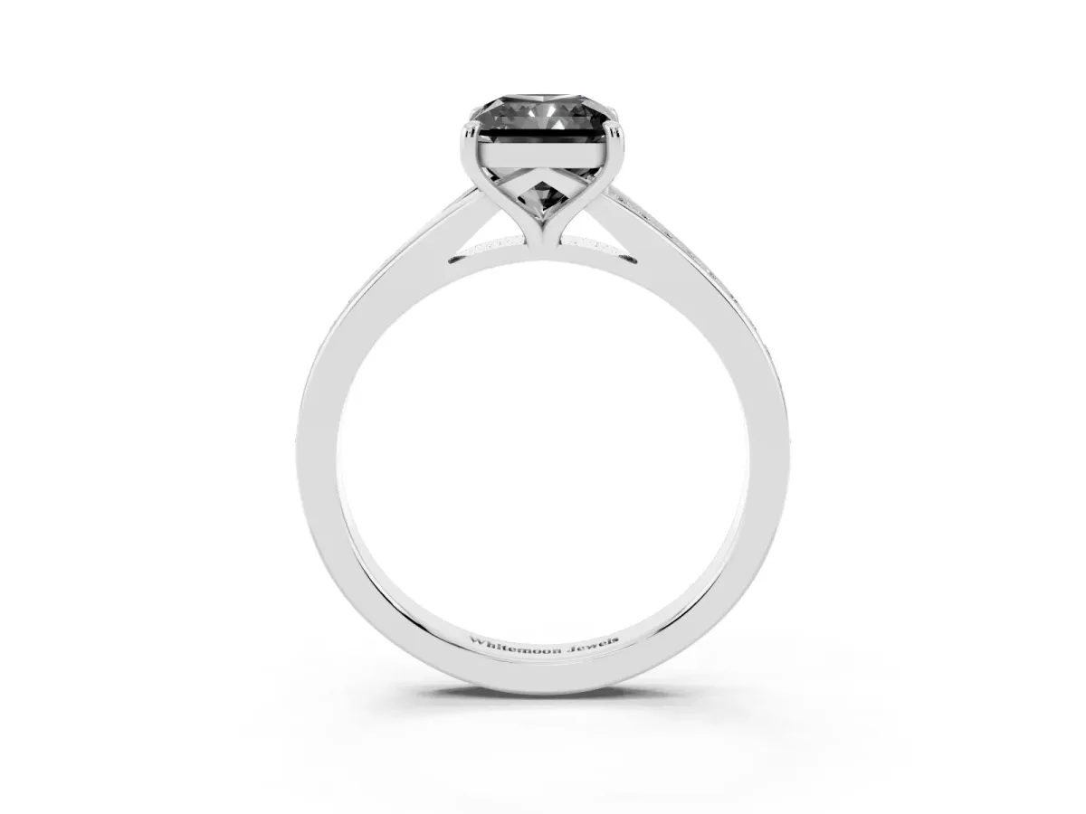 Fancy Black Radiant Cut Diamond Solitaire Ring with Pavé Band and Prong Setting Silver